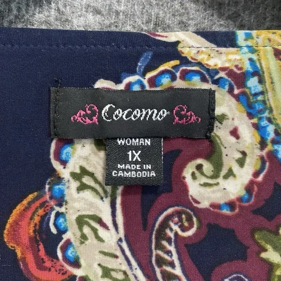 Cocomo Top Womens 1X Blue Paisley Artsy Tie Front Stretch Flowy Popover Office - Picture 2 of 9